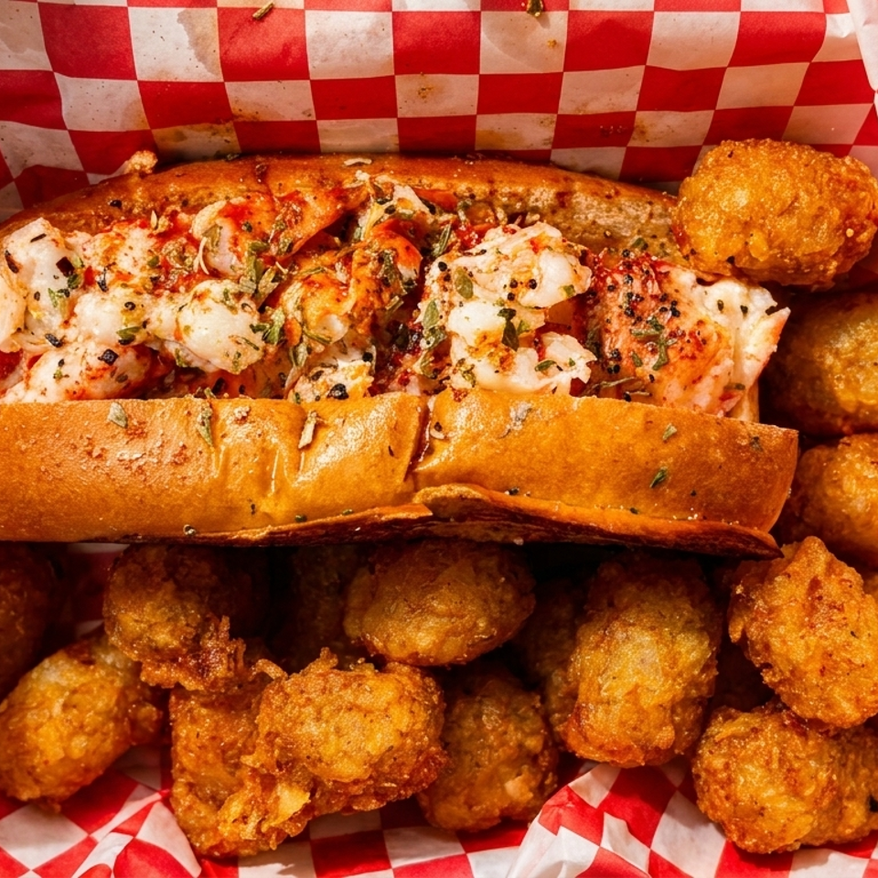 Lobster roll with tater tots in a red and white checkered paper-lined basket.