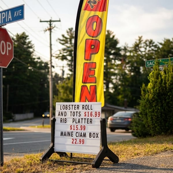 A roadside sign advertises lobster rolls, rib platters, and Maine clam boxes next to an "OPEN" flag.