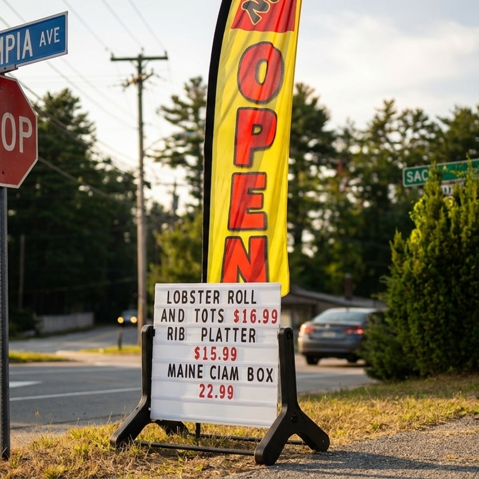 A roadside sign advertises lobster rolls, rib platters, and Maine clam boxes next to an "OPEN" flag.