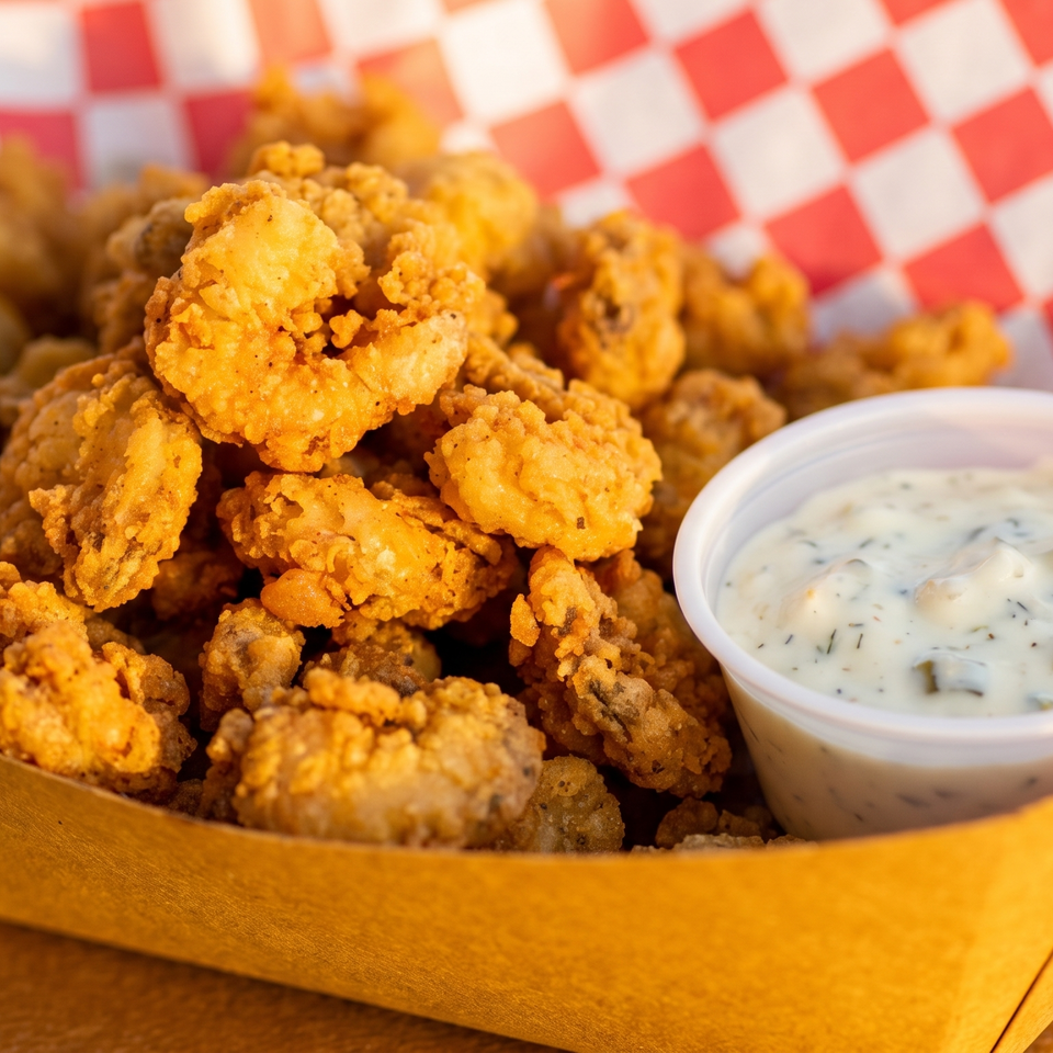 Golden fried popcorn shrimp in a paper tray with a side of tartar sauce.