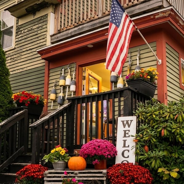A welcoming restaurant entrance with an American flag, lobster buoys, pumpkins, and colorful fall flowers.