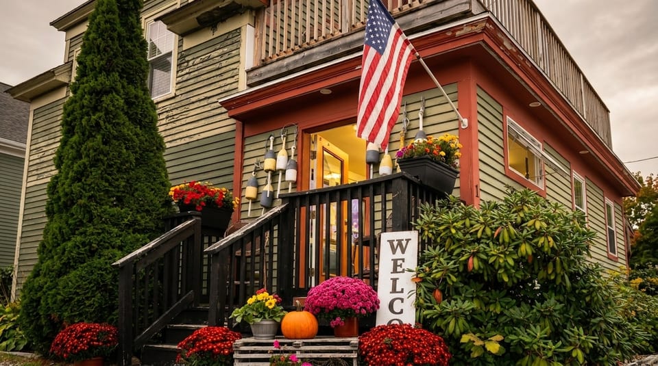 A welcoming restaurant entrance with an American flag, lobster buoys, pumpkins, and colorful fall flowers.