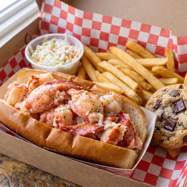 Lobster roll, french fries, coleslaw, and a chocolate chip cookie in a takeout box.
