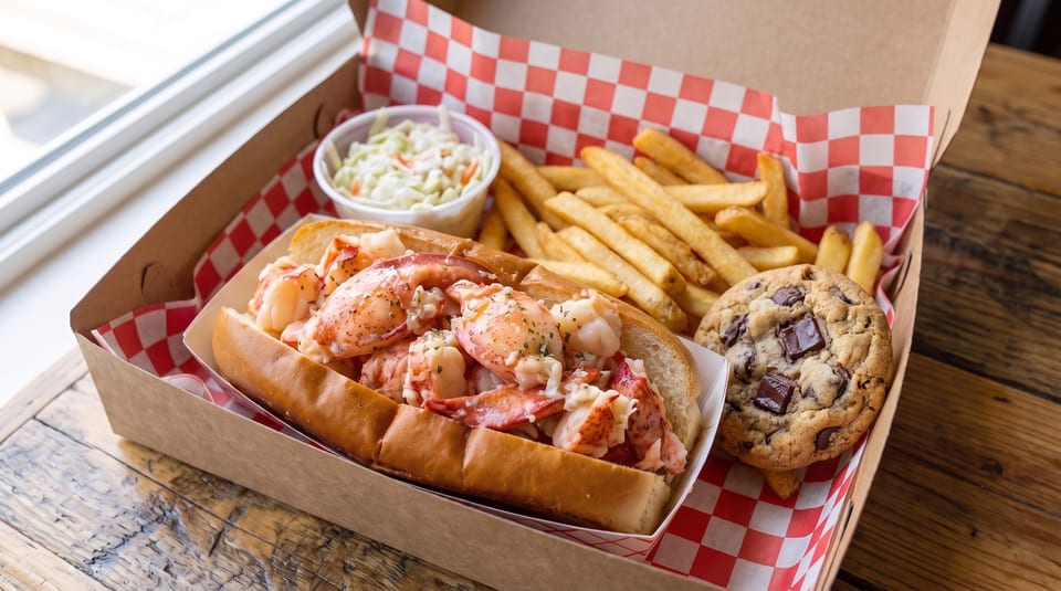 Lobster roll, french fries, coleslaw, and a chocolate chip cookie in a takeout box.