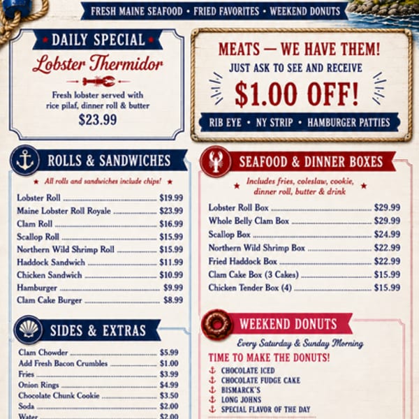A nautical-themed menu for Miss Meghan's Lobster Catch, featuring seafood, meats, and donuts.
