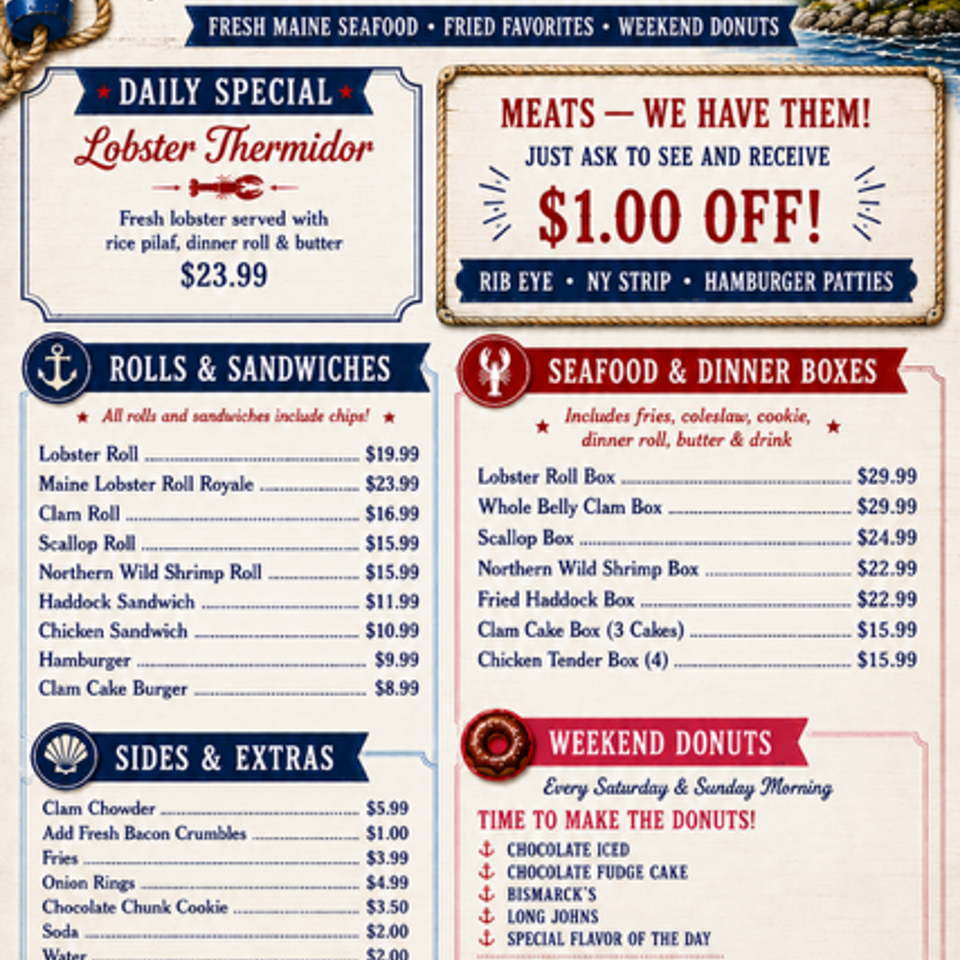 A nautical-themed menu for Miss Meghan's Lobster Catch, featuring seafood, meats, and donuts.