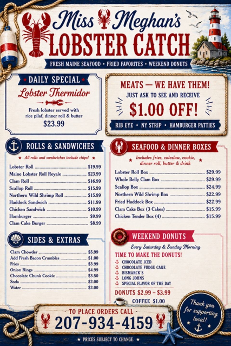 A nautical-themed menu for Miss Meghan's Lobster Catch, featuring seafood, meats, and donuts.