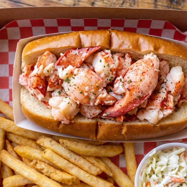 Lobster roll with fries and coleslaw in a cardboard takeout box with red and white checkered paper.