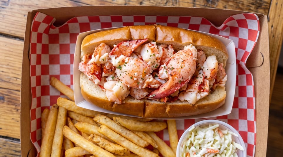 Lobster roll with fries and coleslaw in a cardboard takeout box with red and white checkered paper.