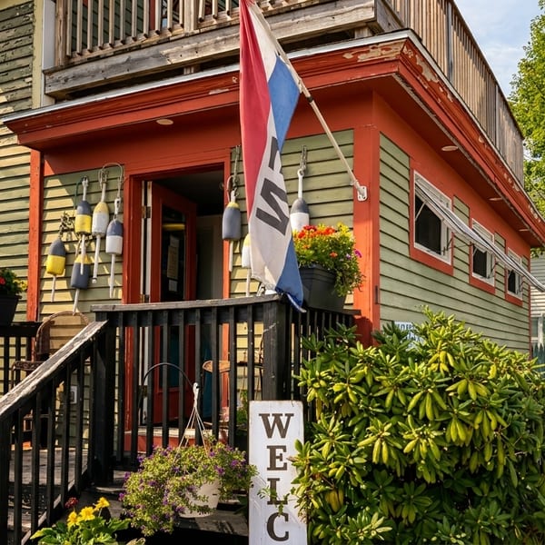 Charming green and orange building entrance with lobster buoys, a flag, and a "WELCOME" sign.